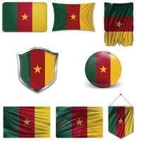 Set of the national flag of Cameroon in different designs on a white background. Realistic vector illustration.