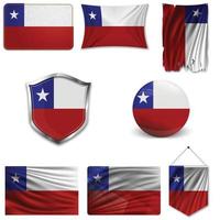 Set of the national flag of Chile in different designs on a white background. Realistic vector illustration.