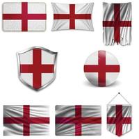 Set of the national flag of England in different designs on a white background. Realistic vector illustration.