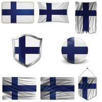 Set of the national flag of Finland in different designs on a white background. Realistic vector illustration.