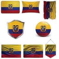 Set of the national flag of Ecuador in different designs on a white background. Realistic vector illustration.