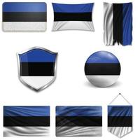 Set of the national flag of Estonia in different designs on a white background. Realistic vector illustration.