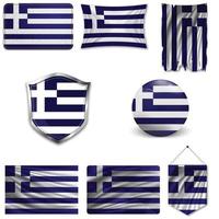 Set of the national flag of Greece in different designs on a white background. Realistic vector illustration.