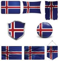 Set of the national flag of Iceland in different designs on a white background. Realistic vector illustration.