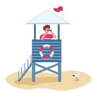 Rescuer with binoculars in lifeguard tower flat color vector faceless character. Safety on beach, life guard stand isolated cartoon illustration for web graphic design and animation