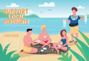 Support local merchants banner flat vector template. Brochure, poster concept design with cartoon characters. Tourists buying seashell souvenirs at beach horizontal flyer, leaflet with place for text