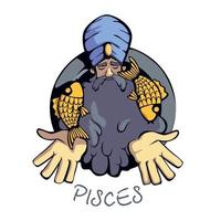 Pisces zodiac sign man flat cartoon vector illustration. Astrological symbol personality, Indian guru meditating. Ready to use 2d character for commercial, printing design. Isolated concept icon