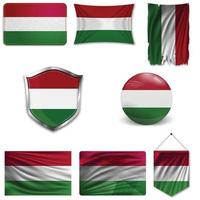 Set of the national flag of Hungary in different designs on a white background. Realistic vector illustration.