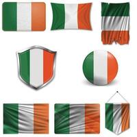 conjunto de la bandera nacional de irlanda en diferentes diseños sobre un fondo blanco. ilustración vectorial realista. vector