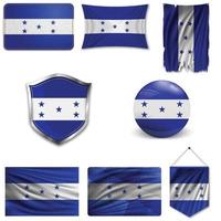 Set of the national flag of Honduras in different designs on a white background. Realistic vector illustration.