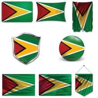 Set of the national flag of Guyana in different designs on a white background. Realistic vector illustration.