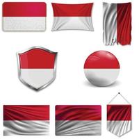 Set of the national flag of Indonesia and Monaco in different designs on a white background. Realistic vector illustration.