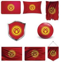 Set of the national flag of Kyrgyzstan in different designs on a white background. Realistic vector illustration.