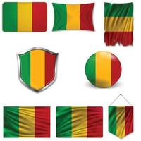 Set of the national flag of Mali in different designs on a white background. Realistic vector illustration.