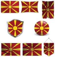 Set of the national flag of Macedonia in different designs on a white background. Realistic vector illustration.