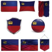 Set of the national flag of Liechtenstein in different designs on a white background. Realistic vector illustration.