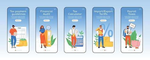 política fiscal incorporación de plantilla de vector plano de pantalla de aplicación móvil. pasos del sitio web del tutorial de impuestos y pagos con caracteres. ux, ui, interfaz gráfica de usuario de dibujos animados para teléfonos inteligentes, conjunto de impresiones de casos