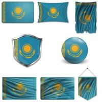 Set of the national flag of Kazakhstan in different designs on a white background. Realistic vector illustration.