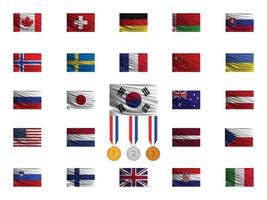 Set Nationals flags on white background. Flag of South Korea with medals. Vector illustration.