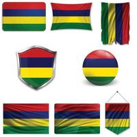 Set of the national flag of Mauritius in different designs on a white background. Realistic vector illustration.