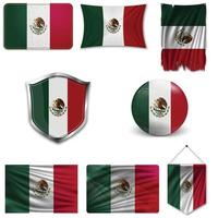 Set of the national flag of Mexico in different designs on a white background. Realistic vector illustration.