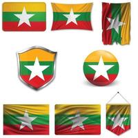 Set of the national flag of Myanmar in different designs on a white background. Realistic vector illustration.