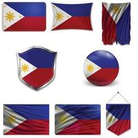 conjunto de la bandera nacional de filipinas en diferentes diseños sobre un fondo blanco. ilustración vectorial realista. vector