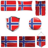 Set of the national flag of Norway in different designs on a white background. Realistic vector illustration.