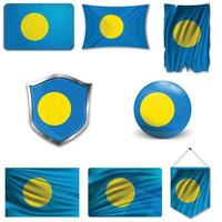 Set of the national flag of Palau in different designs on a white background. Realistic vector illustration.