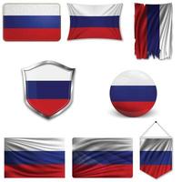 Set of the national flag of Russia in different designs on a white background. Realistic vector illustration.