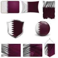 Set of the national flag of Qatar in different designs on a white background. Realistic vector illustration.