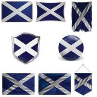 conjunto de la bandera nacional de escocia en diferentes diseños sobre un fondo blanco. ilustración vectorial realista. vector