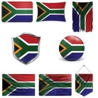 Set of the national flag of South Africa in different designs on a white background. Realistic vector illustration.