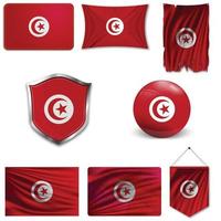 Set of the national flag of Tunisia in different designs on a white background. Realistic vector illustration.