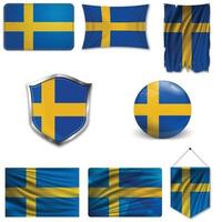 Set of the national flag of Sweden in different designs on a white background. Realistic vector illustration.