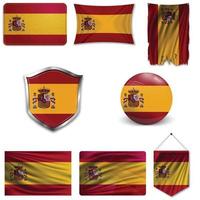 Set of the national flag of Spain in different designs on a white background. Realistic vector illustration.