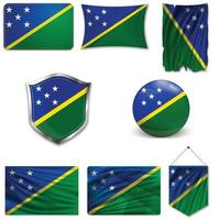 Set of the national flag of Solomon islands in different designs on a white background. Realistic vector illustration.