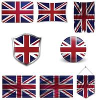 Set of the national flag of Great Britain in different designs on a white background. Realistic vector illustration.