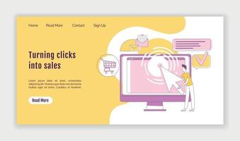 Turning clicks into sales landing page flat silhouette vector template. PPC marketing homepage layout. One page website interface with cartoon outline character. Traffic generation web banner, webpage