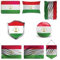 Set of the national flag of Tajikistan in different designs on a white background. Realistic vector illustration.