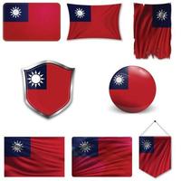 Set of the national flag of Taiwan in different designs on a white background. Realistic vector illustration.