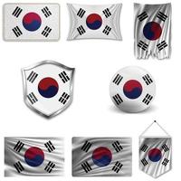 Set of the national flag of South Korea in different designs on a white background. Realistic vector illustration.