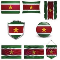 Set of the national flag of Suriname in different designs on a white background. Realistic vector illustration.