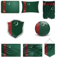 Set of the national flag of Turkmenistan in different designs on a white background. Realistic vector illustration.