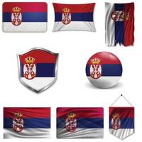 Set of the national flag of Serbia in different designs on a white background. Realistic vector illustration.