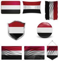 Set of the national flag of Yemen in different designs on a white background. Realistic vector illustration.