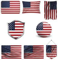 Set of the national flag of USA in different designs on a white background. Realistic vector illustration.