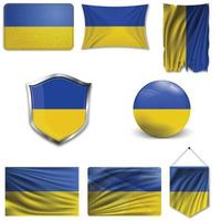 Set of the national flag of Ukraine in different designs on a white background. Realistic vector illustration.