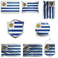 Set of the national flag of Uruguay in different designs on a white background. Realistic vector illustration.