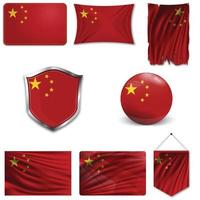 Set of the national flag of China in different designs on a white background. Realistic vector illustration.